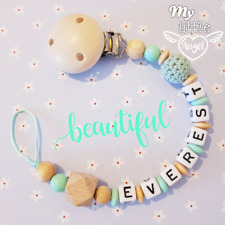 Personalised Dummy Clip Boy/Girl ❤ Natural Wooden Beads Unisex Pacifier Gift MAM