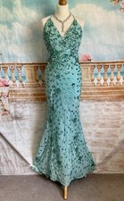 Quiz Maxi Evening Dress 8 Green Sequin Fishtail Crossback Train Backless Prom