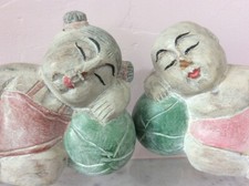 Pair Hand Carved reclining Japanese Sumo? Figures resting. Painted Pastel Colour