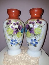 Pair of Antique Victorian Milk Vases with Handpainted Floral Design 19th Century