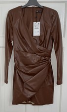 ZARA BROWN FAUX LEATHER DRAPED SURPLICE MINI DRESS WITH SHOULDER PADS SIZE S NEW