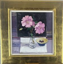 Robert KELSEY, born 1949,  Still Life Oil on Board - Camellias  and Cherries