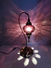 Free UK/EU Bulb, Aubergine Crackle Glass Swanneck Bedside Lamp Brass Finish 55cm