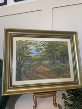 1990s Acrylic Bluebell Wood Painting Original British Gilt Framed Amateur Signed