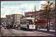 COLOUR MATT POSTCARD SHEPHERDS BUSH TRAM TERMINUS HAMMERSMITH LONDON c1910