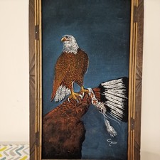 VTG 70’s Eagle American Indian Headdress Blue green  Velvet Painting Mexico