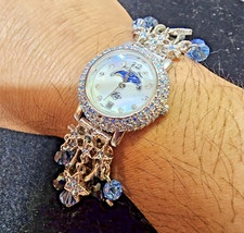 Kirks Folly Watch Silvertone Moon Star Celestial Charm Bracelet Blue Stones-READ