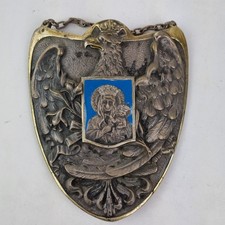 Vintage Polish Brass And Enamel Plaque Eagle And Madonna & Child 15.7cm High