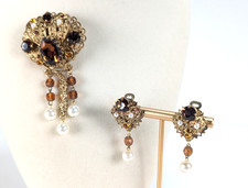 Goldtone Filigree Crystal Rhinestone Faux Pearls Brooch & Earrings Set W Germany