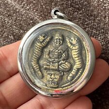 A287 Silvery pendant Thai Buddha LP-Pern and Tiger amulet Talisman Empower.
