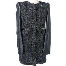 Zara Woman Tweed Coat Black XS Bouclé Jacket Faux Leather Sleeves Smart Chic