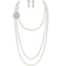 GREAT GATSBY  1920S SILVER PLATED RHINESTONE DISC PEARL TASSEL NECKLACE EARRING