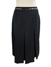 Vintage CELINE Black Pleated Leather Horsebit Belt Logo Skirt L