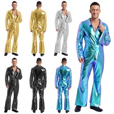 Mens Costumes Stage Dancewear Lapel Flare Sleeve Jumpsuit Shiny Halloween Raves