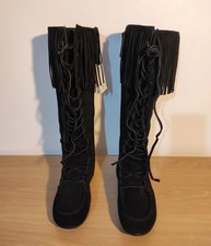 Zara Black Suede Leather Fringe Moccasin Boots Size 4 37 Boho Flat Knee High