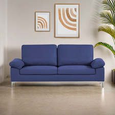 Modern Three Seater Sofa Blue Fabric with Chrome Feet for Living Room