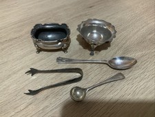 0.925 Sterling Silver Salt Cellar Tongs Bowl Spoons 79.96 Grams All Hallmarked
