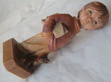 Kitsch / Vintage Carved Wooden Figure - Boy w/ Newspaper + Kitten