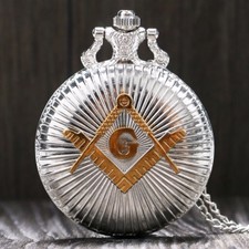 Vintage Silver Freemasonry Masonic Mens Quartz Pocket Watch Necklace Chain Gift