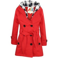 Kids Girls Overcoat Hooded Trench Coat Lapels Red Padded Long Parka Jacket 5-13Y