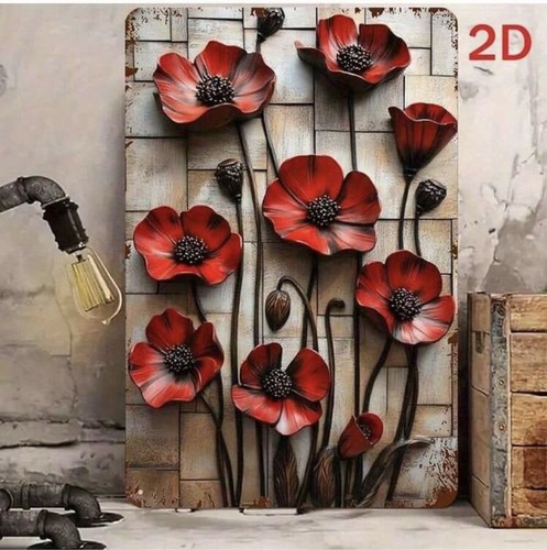 Red poppy flower metal - flower, wall