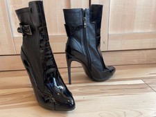 Boohoo black patent stiletto heel ankle boots. UK 8
