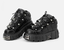 🔥NEW**ROCK TOWER SHOES Metallic Black Leather Biker Gothic Boots UK 2025