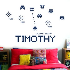 Personalised Name Boys Girls Wall Art Sticker - Space Invaders Vintage Old Co...