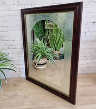 Vintage Etched Glass Wall Mirror Wooden Frame Gold trim Frosted Pattern Retro