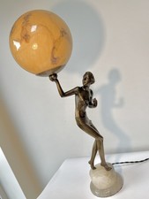 Vintage Art Deco Spelter Lamp Bronze Lady Figurine Glass Globe Shade Marble Base