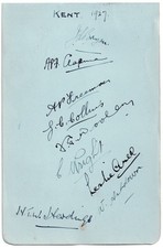 Kent Cricket Club Signatures on Page of A P Freeman & F E Woolley etc. 1927