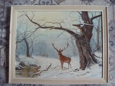 1972 JOHN BLYTHE OIL PAINTING ON HARDBOARD OF A WINTER SCENE WITH DEER AND STAG