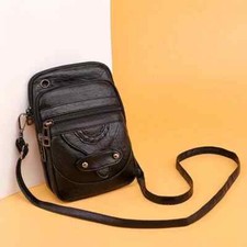 Black Chic Mini Crossbody Bag Adjustable Strap, Solid Colour Faux Leather - Zip