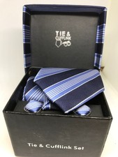 Men's Blue Stripe Tie & Cufflink Set Boxed New Unused
