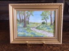 Exquisite Embroidery Bluebell Wood Hand Painted Water Colour On Silk 23cm X 17cm