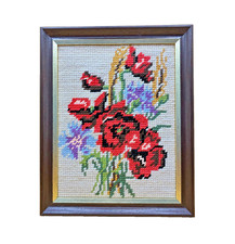 VTG Colourful Finished Needlepoint Floral Embroidery Red Poppies Framed Art