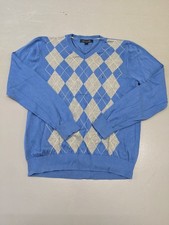Tommy Hilfiger Blue Argyle V Neck Jumper Large 100% Cotton Knit Pullover Sweater