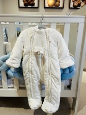M&S Baby Snowsuit 6-9 Months Cream Fleece with Bear Pocket New Without Tags
