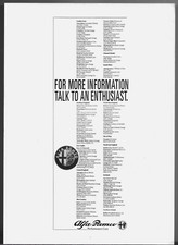Alfa Romeo Dealer List Late 1980s UK Market Single Sheet Brochure