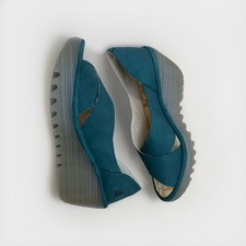 NEW Fly London Yoma Cupido Teal Leather Wedge Sandals SizeUK4 EU37