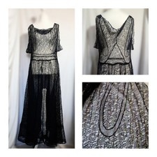Antique Art Deco 1920s 1930s Gatsby Downton Black Lace Flapper Evening Dress 