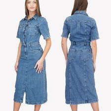 Womens M&S Denim Dress Blue Midi Utility Button Up Pockets Belt Loops Cotton