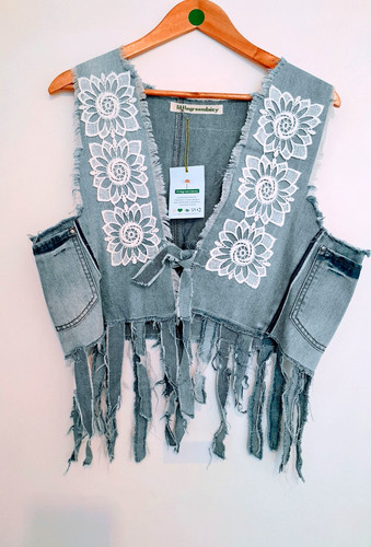 Denim waistcoat cotton lace - ,