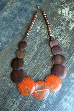 Orange & Brown Wooden Disc Statement Necklace