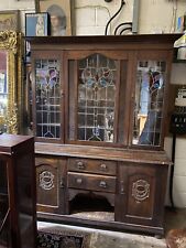 Beautiful Antique Oak Two Part Stained glass Book Case Cupboard Sideboard Home
