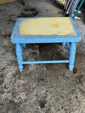 Milking Stool Turned Legs Solid Wood Painted Blue Vintage Old 