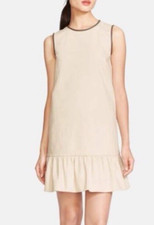 Kate Spade Drop Waist Ruffle Brown Leather Trim Dress Beige Size 8 Keyhole Back