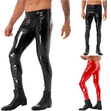 Men Shiny Leather Tights Skinny Motorcycle Biker Pant PVC Long Trousers Clubwear
