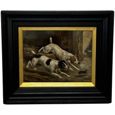Victorian Hunting Oil Painting Two Jack Russell Terrier Dogs Chasing Rat In Barn