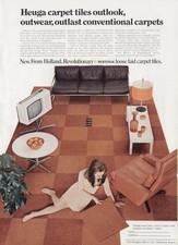 Original 1969 advert for Heuga carpet tiles outlook, outwear, outlast carpets
